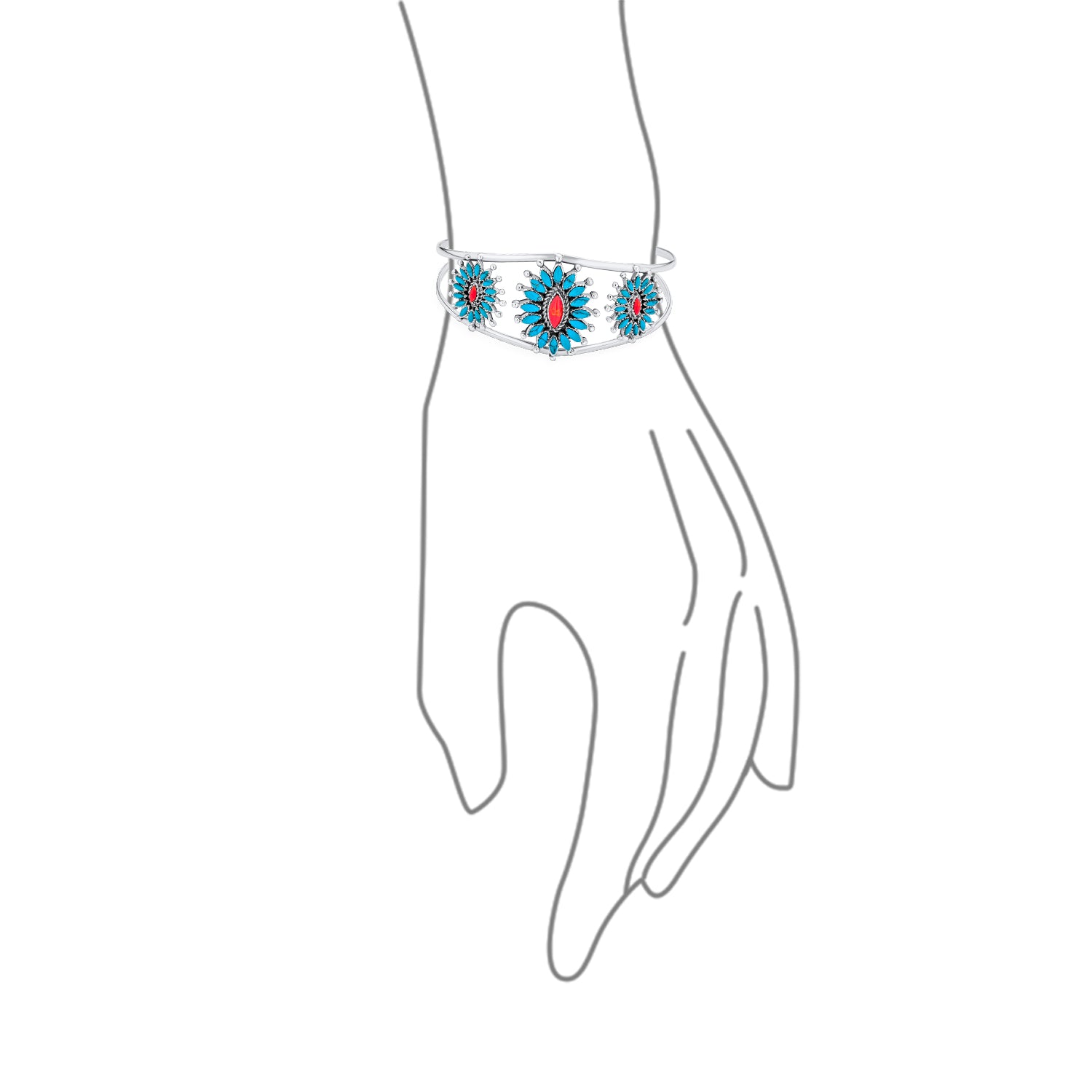 Native American Style Red Blue Turquoise Flower Blossom Statement Cuff Bracelet .925 Sterling Silver