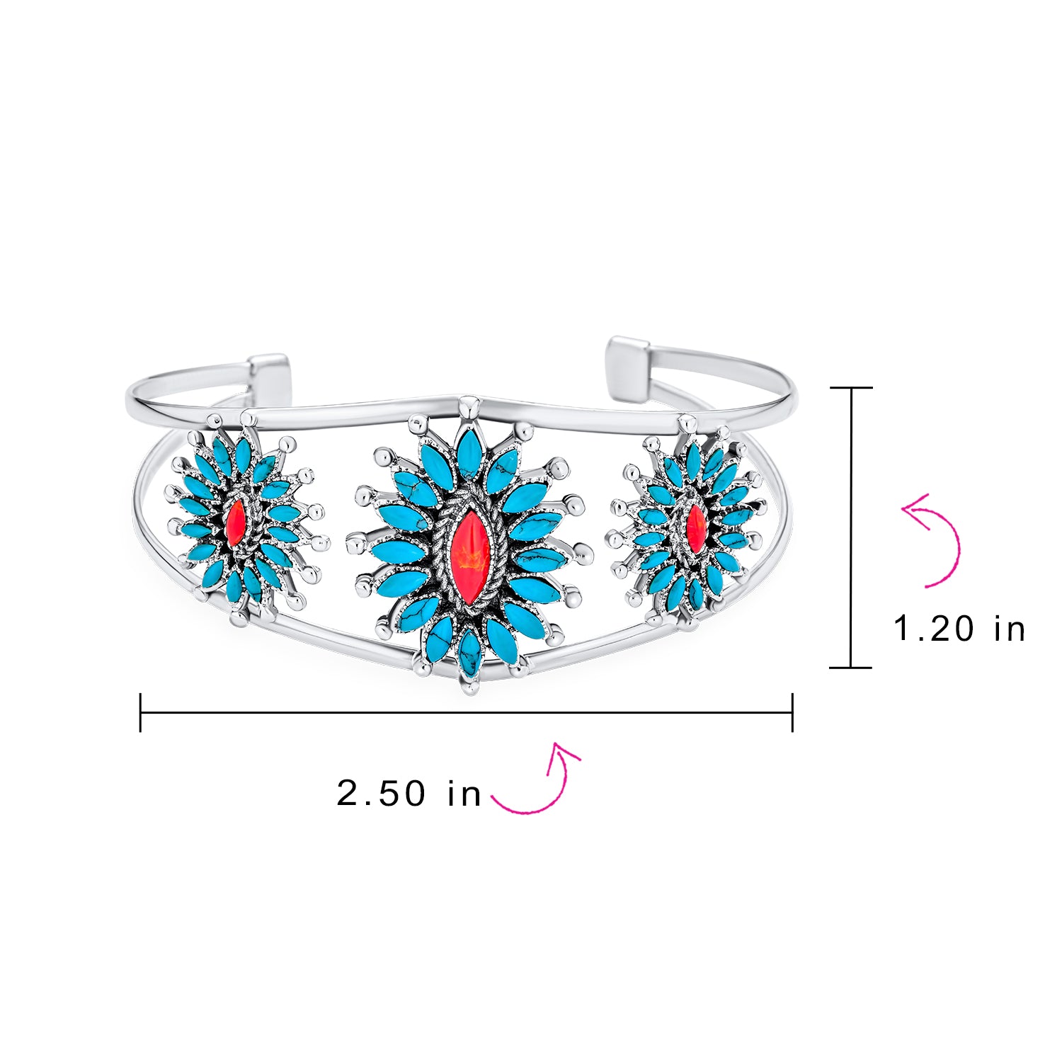 Native American Style Red Blue Turquoise Flower Blossom Statement Cuff Bracelet .925 Sterling Silver