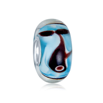 Set of 2 Nautical Ocean Whale Charm Bead Glass Oxidized Sterling Silver