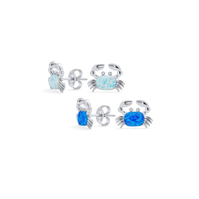 Set of 2 Small Created Blue White Opal Crab Stud Earrings Sterling Silver