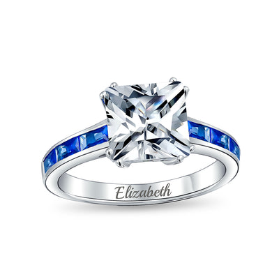 Classic Art Deco 3CT CZ Princess Cut Engagement Ring with Sapphire Blue Band