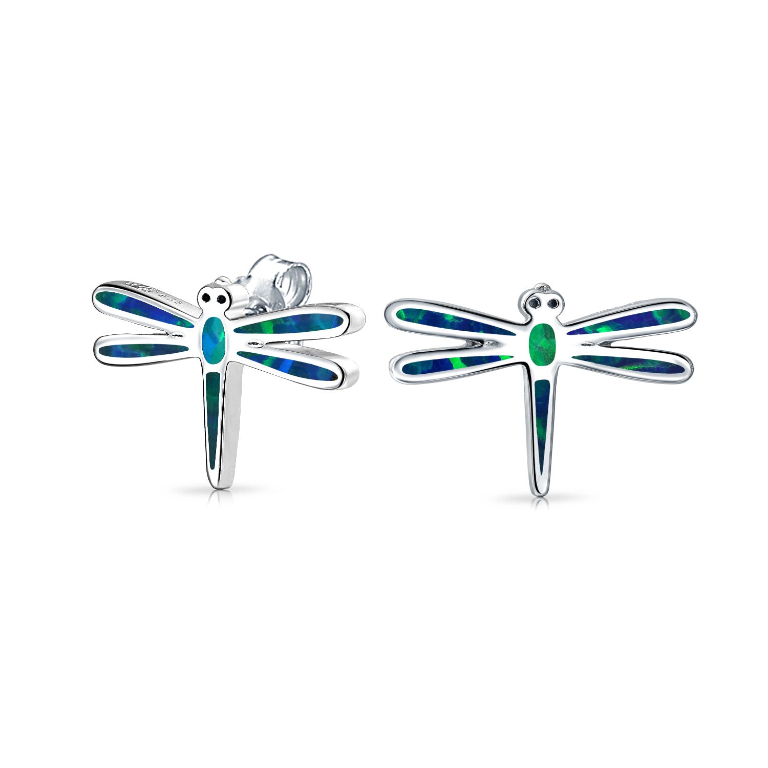 Created Blue Opal Summer Garden Firefly Dragonfly Stud Earrings .925 Sterling Silver