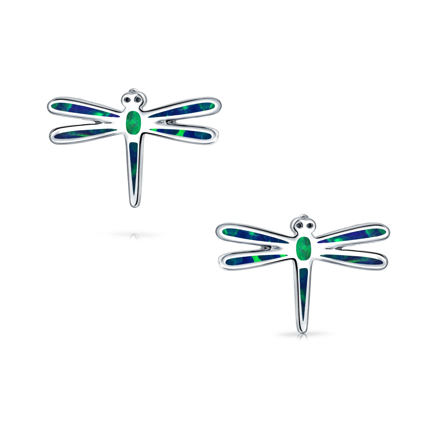 Created Blue Opal Summer Garden Firefly Dragonfly Stud Earrings .925 Sterling Silver