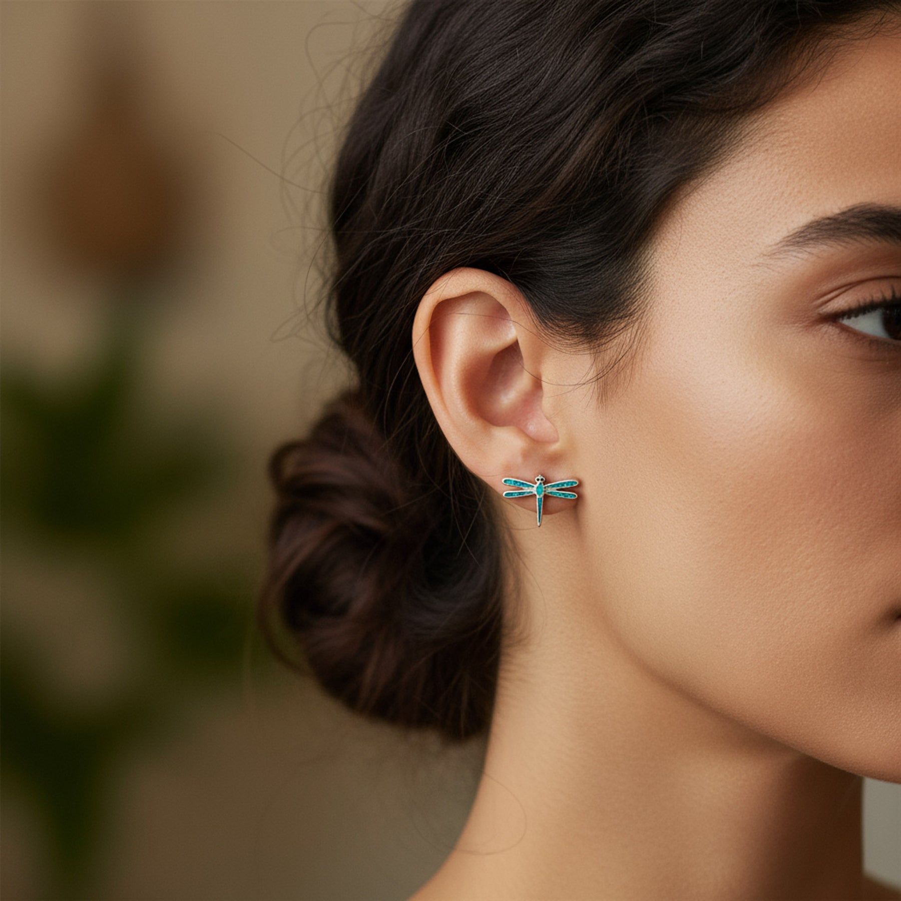 Created Blue Opal Summer Garden Firefly Dragonfly Stud Earrings .925 Sterling Silver