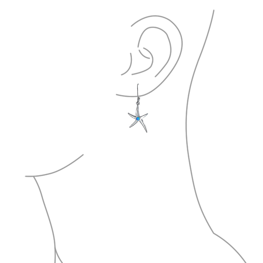 Blue Created Opal Starfish Dangle Gemstone Earrings Silver
