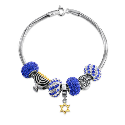 Ice Blue Winter Sterling Silver Charm Bracelet with Judaic Amulet Charms