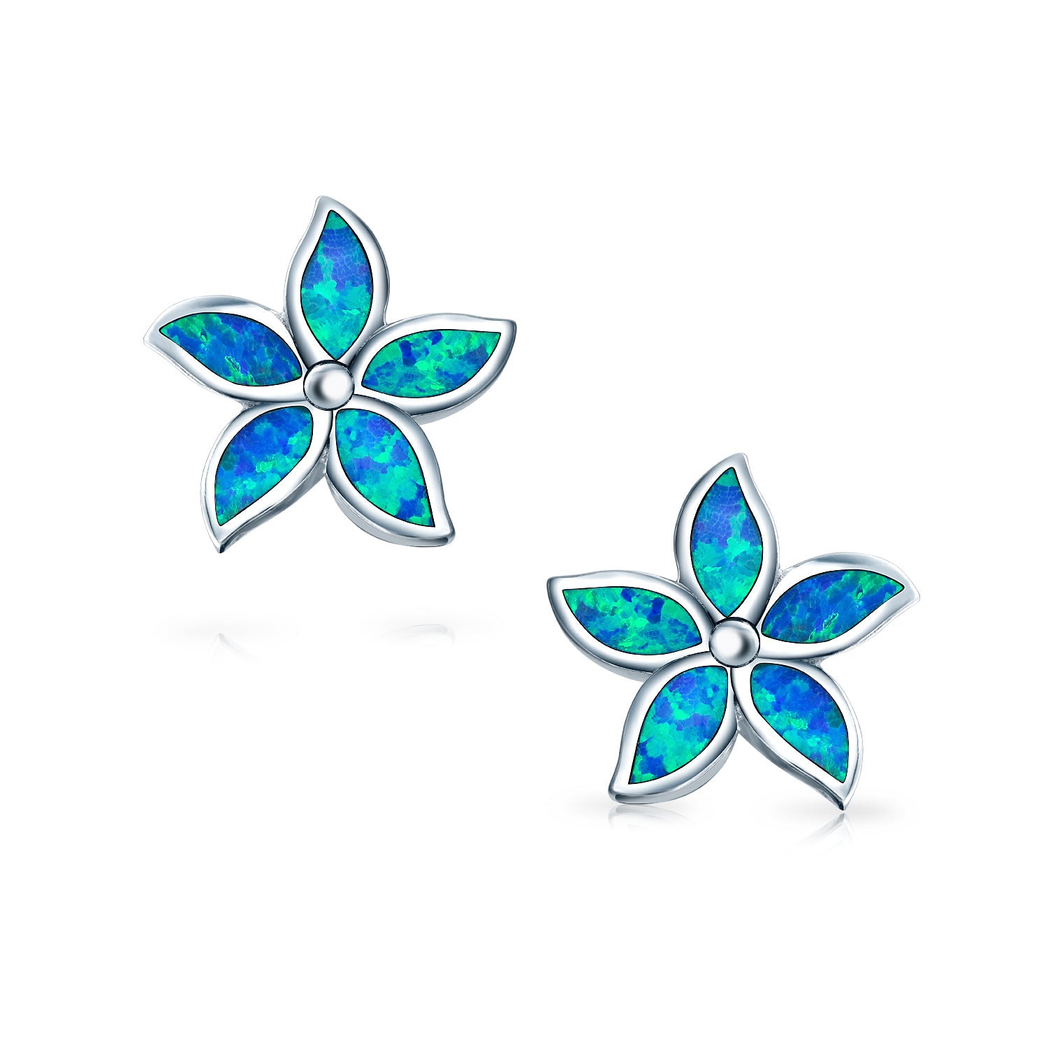 Created Blue Opal Inlay Petals Flower Stud Earrings .925 Sterling Silver