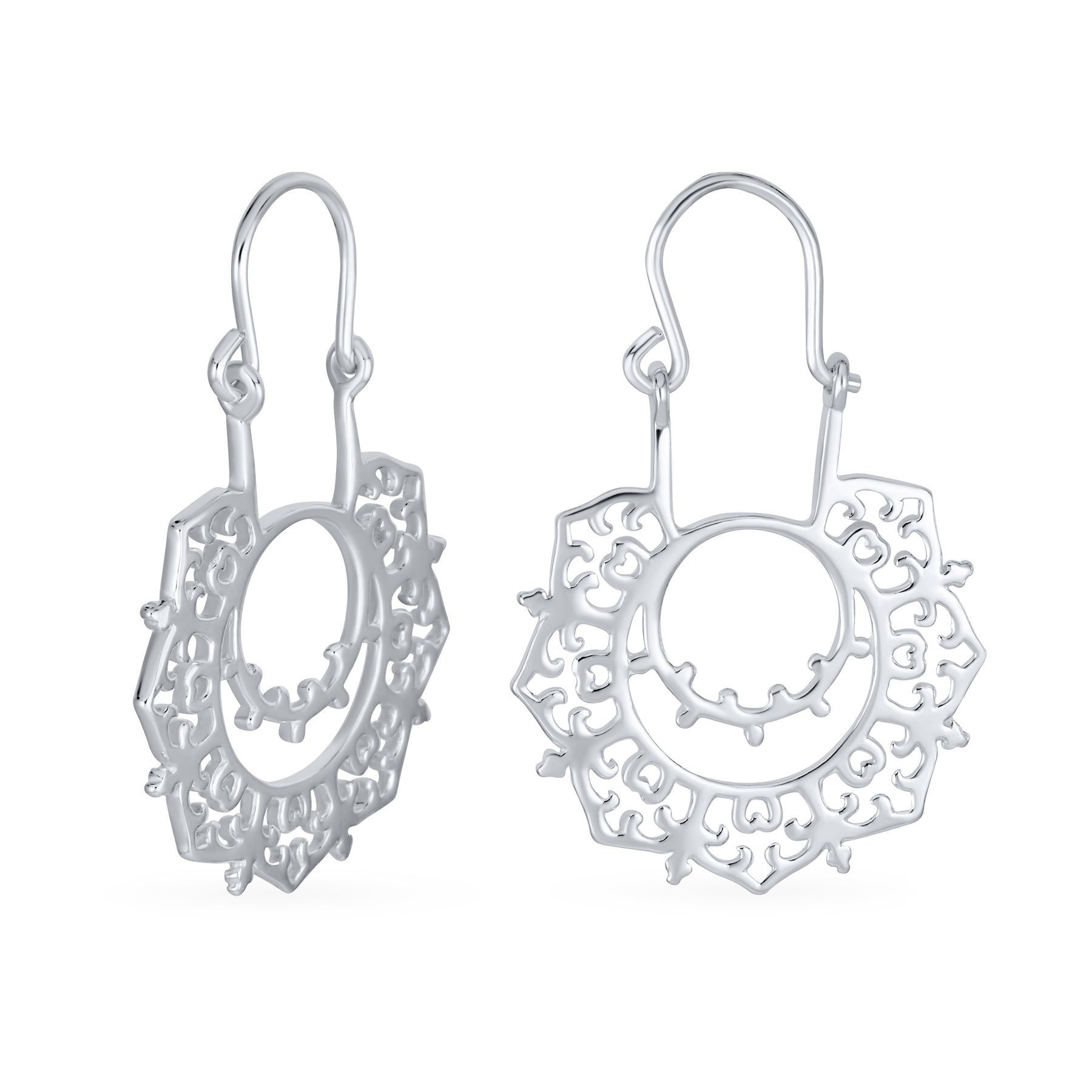Boho Retro Filigree Mandala Dangle Earrings Silver Hoop