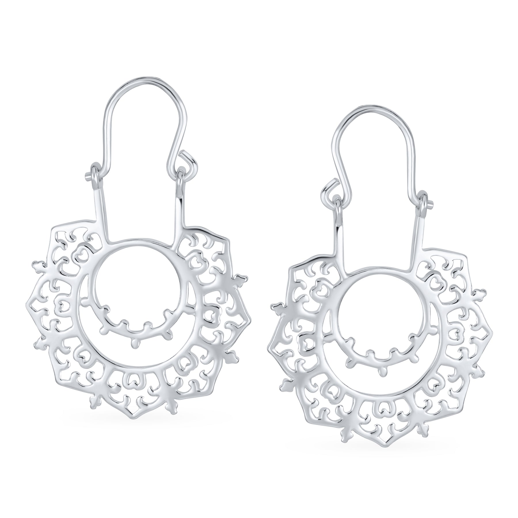 Boho Retro Filigree Mandala Dangle Earrings Silver Hoop