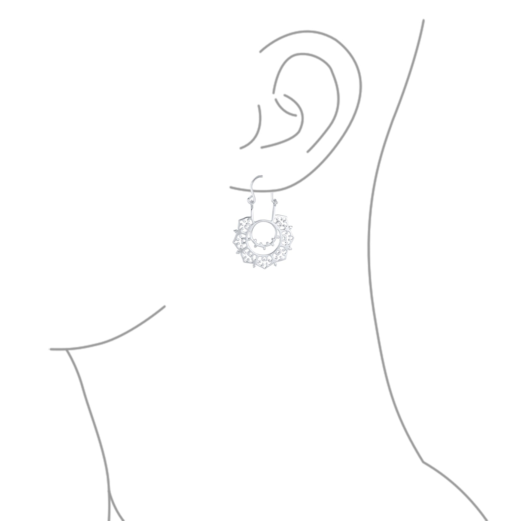 Boho Retro Filigree Mandala Dangle Earrings Silver Hoop