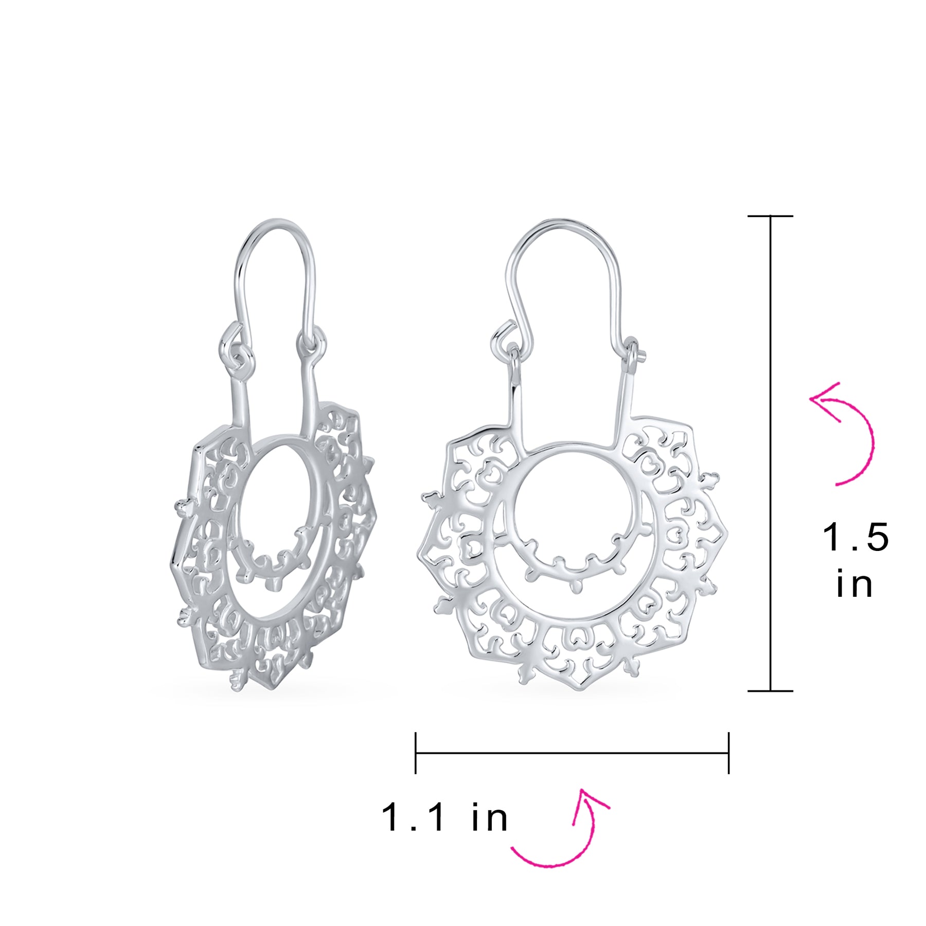 Boho Retro Filigree Mandala Dangle Earrings Silver Hoop