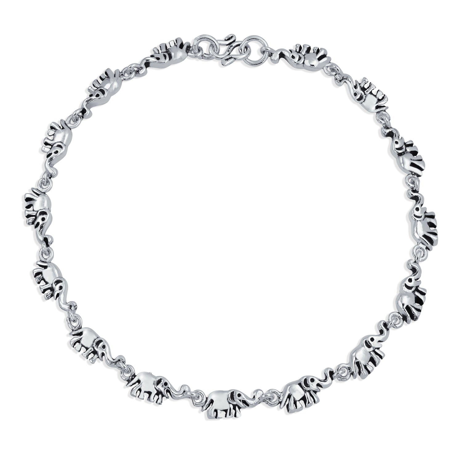 Lucky Caravan of Elephants Anklet Charm Ankle Bracelet Bali Style Oxidized Sterling Silver 10 Inch