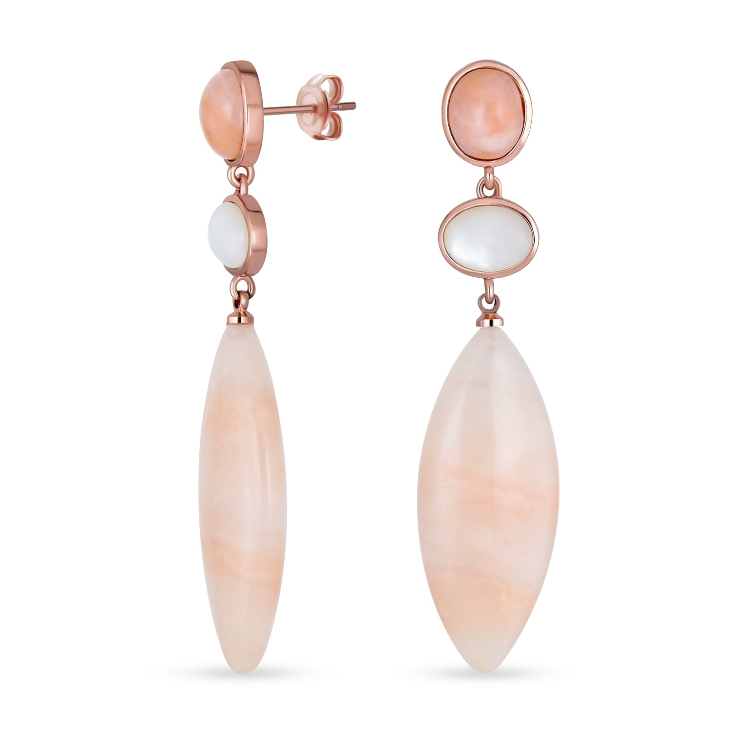 Multicolor White Pastel Pink Aventurine Rhombus Long Teardrop Dangling Statement Earrings Gold Plated