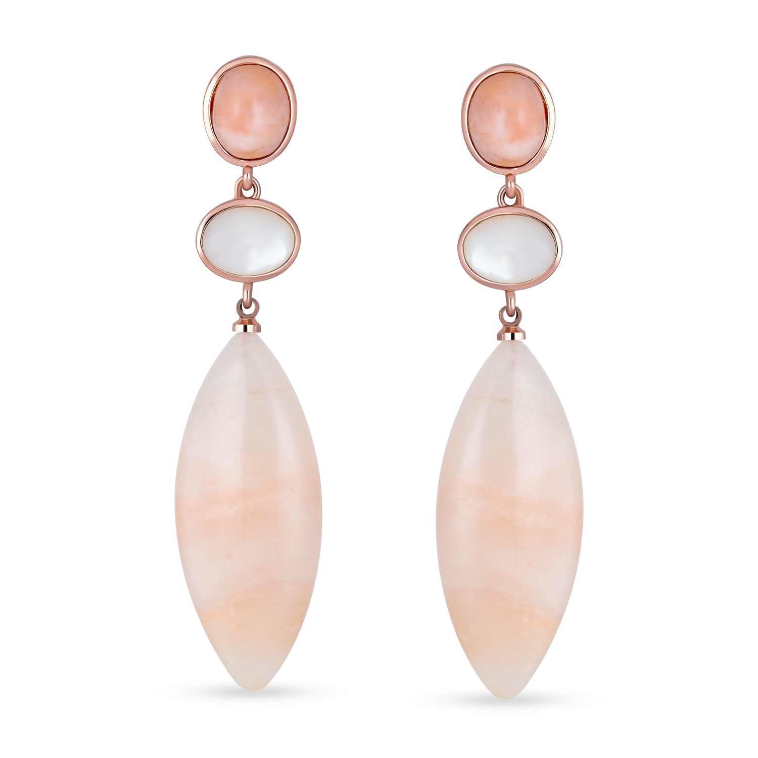 Multicolor White Pastel Pink Aventurine Rhombus Long Teardrop Dangling Statement Earrings Gold Plated