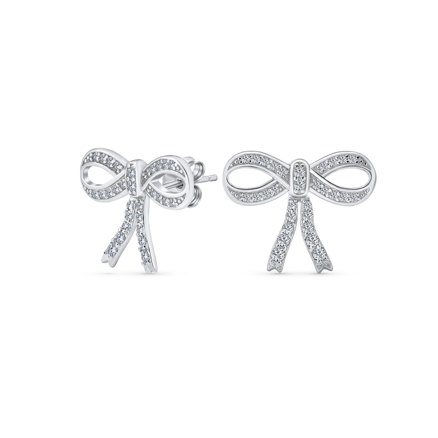 Delicate Vintage Style Ribbon Pave CZ Bow Stud Earrings in Sterling Silver