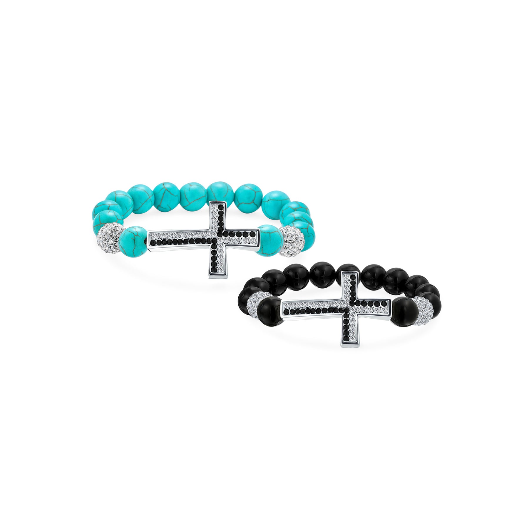 Turquoise Black Onyx Gemstone Sideways Cross Stretch Bracelet Crystal Accent Set of 2 Silver Plated