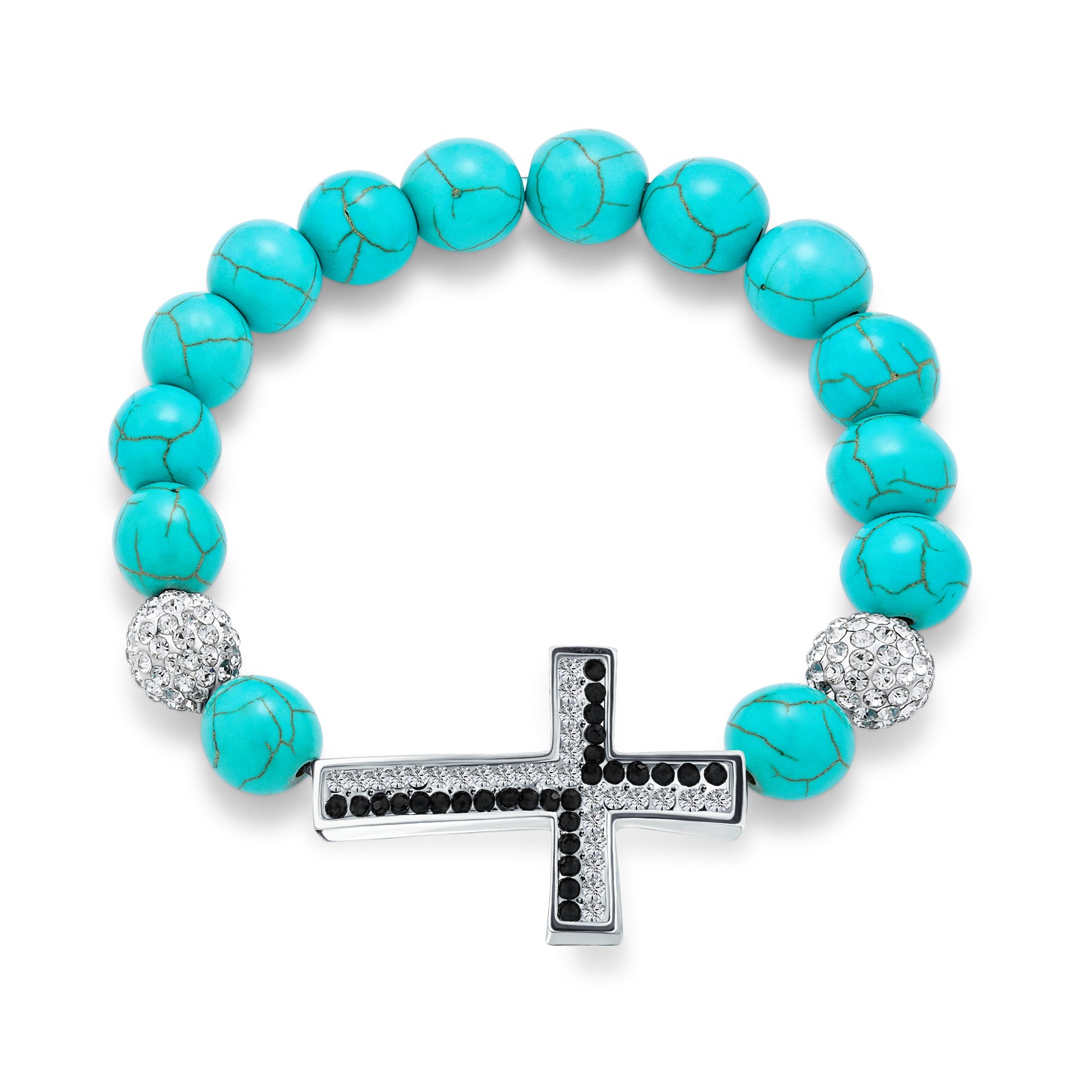 Turquoise Black Onyx Gemstone Sideways Cross Stretch Bracelet Crystal Accent Set of 2 Silver Plated
