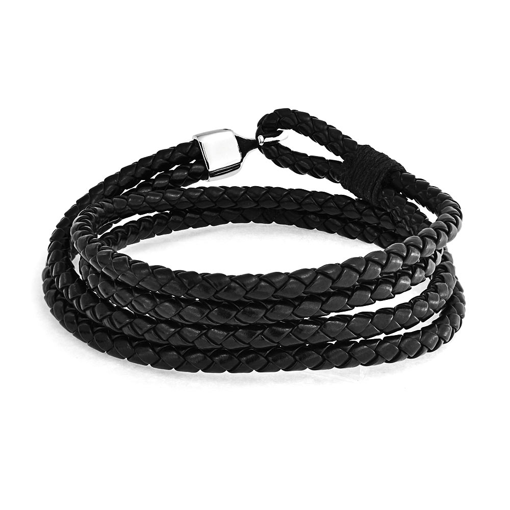 Black Leather Cuff Bracelet Stainless Hook Clasp Double Wrap