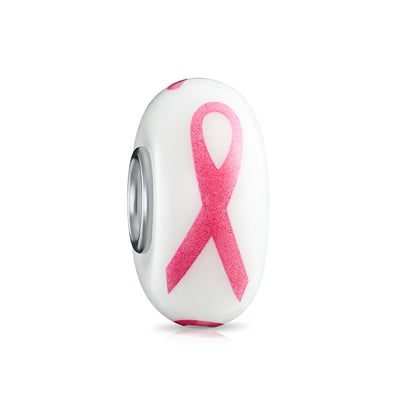 Breast Cancer Survivor Glass Charm Bead with Pink Ribbon and Silver Core