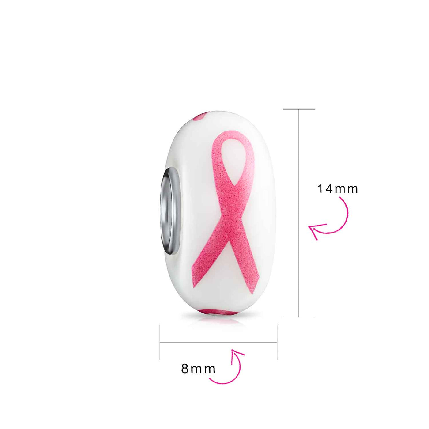 Breast Cancer Survivor Glass Charm Bead with Pink Ribbon and Silver Core