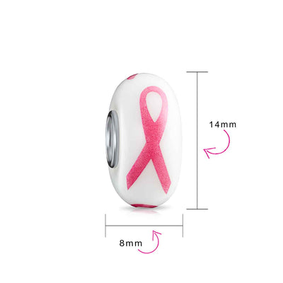 Breast Cancer Survivor Glass Charm Bead with Pink Ribbon and Silver Core