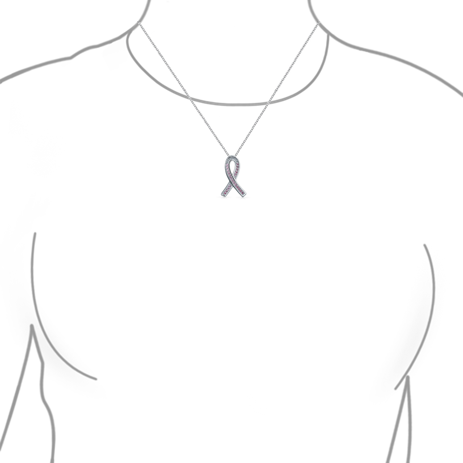 Delicate Pink CZ Ribbon Breast Cancer Survivor Pendant Necklace Sterling Silver