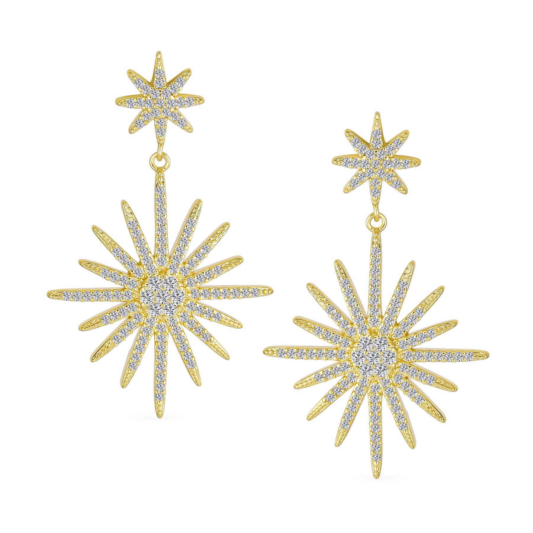 Classic Bridal Dangle Chandelier Earrings CZ Starburst Gold for Wedding Prom