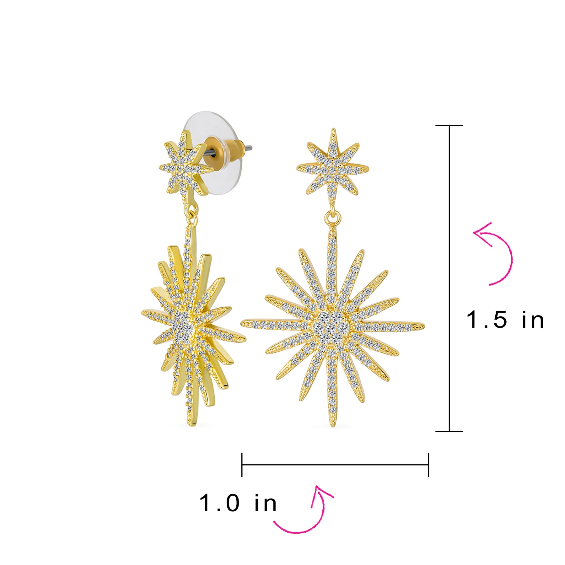 Classic Bridal Dangle Chandelier Earrings CZ Starburst Gold for Wedding Prom