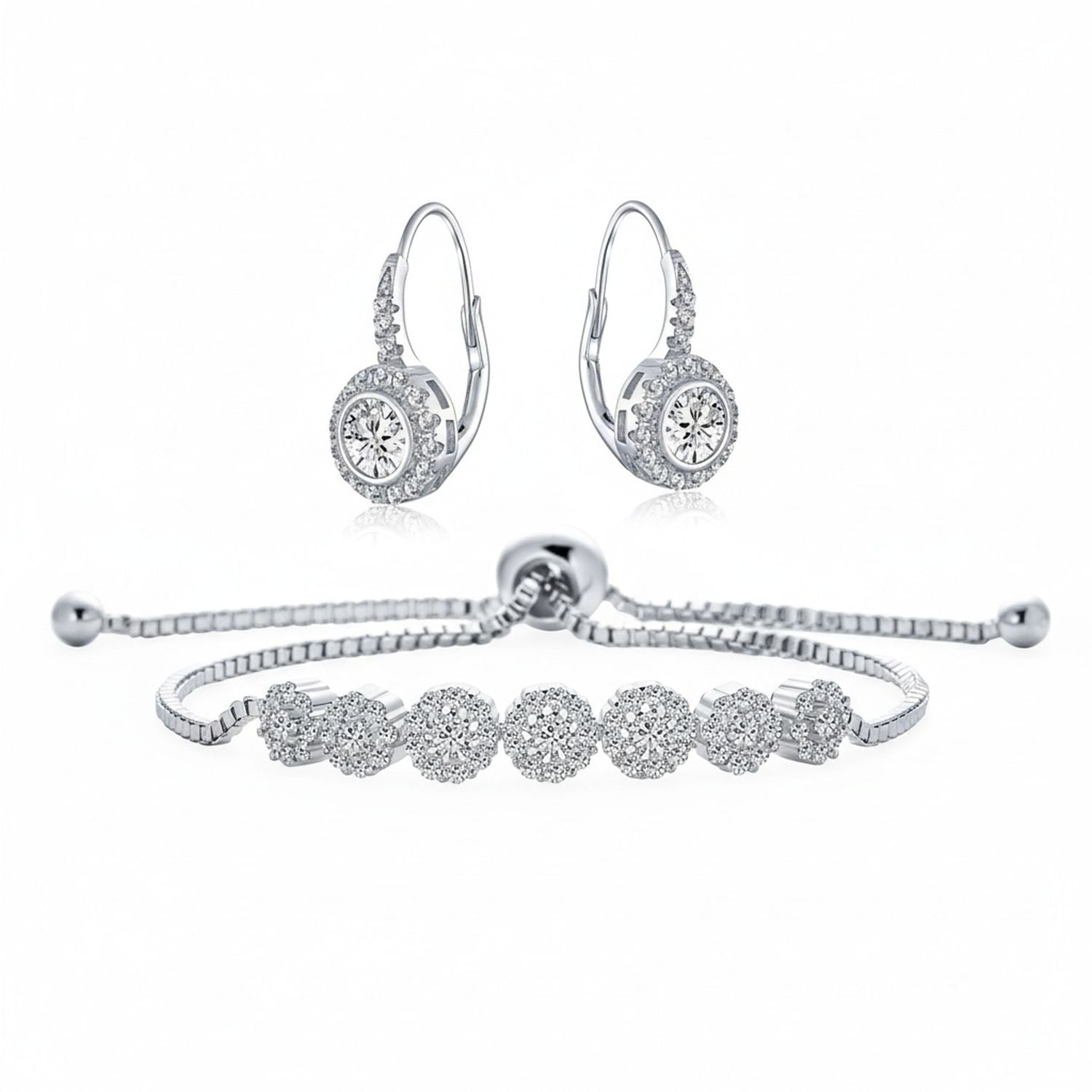 Bridal Prom CZ Rose Flower Bracelet & Rosette Drop Earrings Jewelry Set