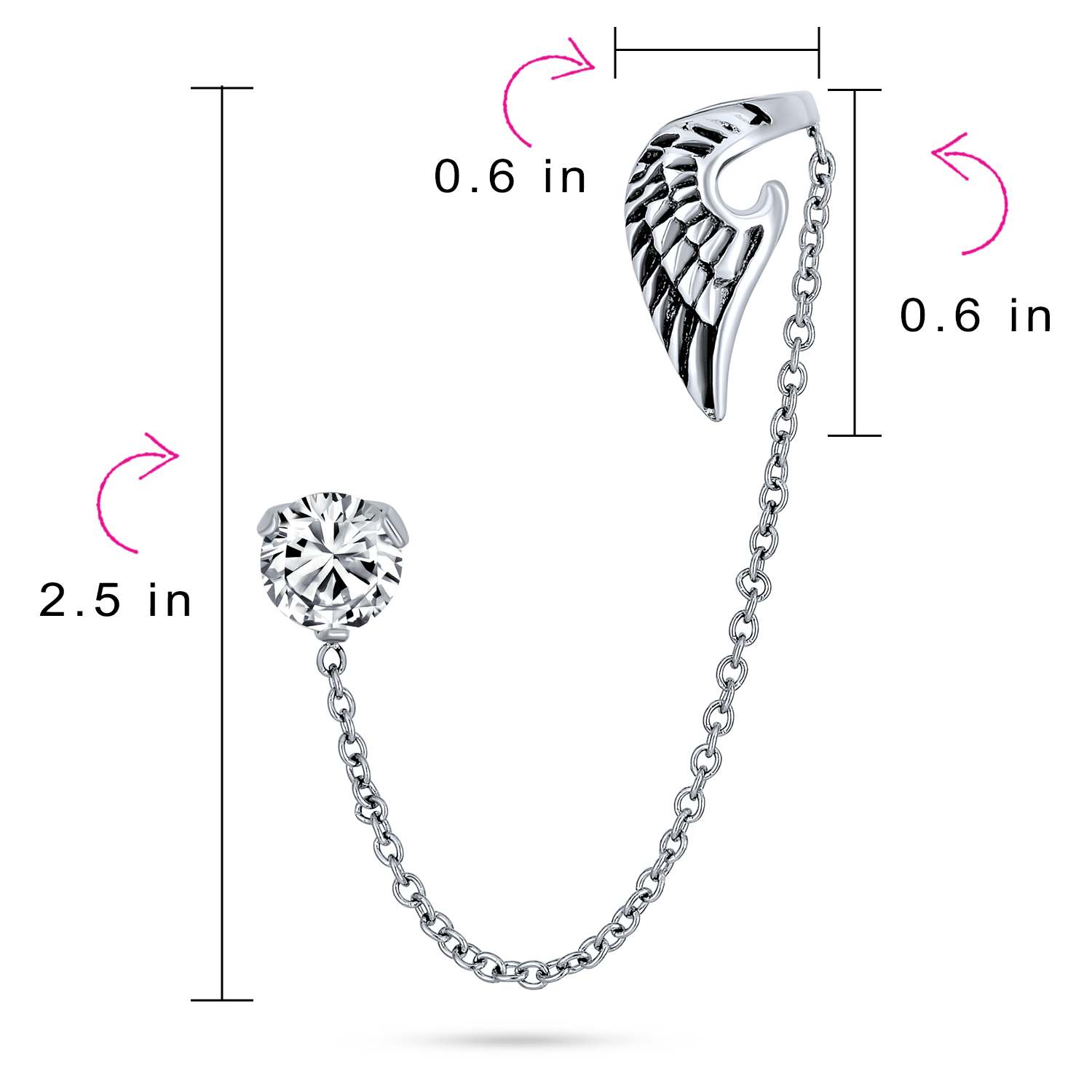 Guardian Angel Wing Cartilage Ear Lobe Helix Chain Ear Cuff CZ Stud Earring 1 Piece Stainless Steel
