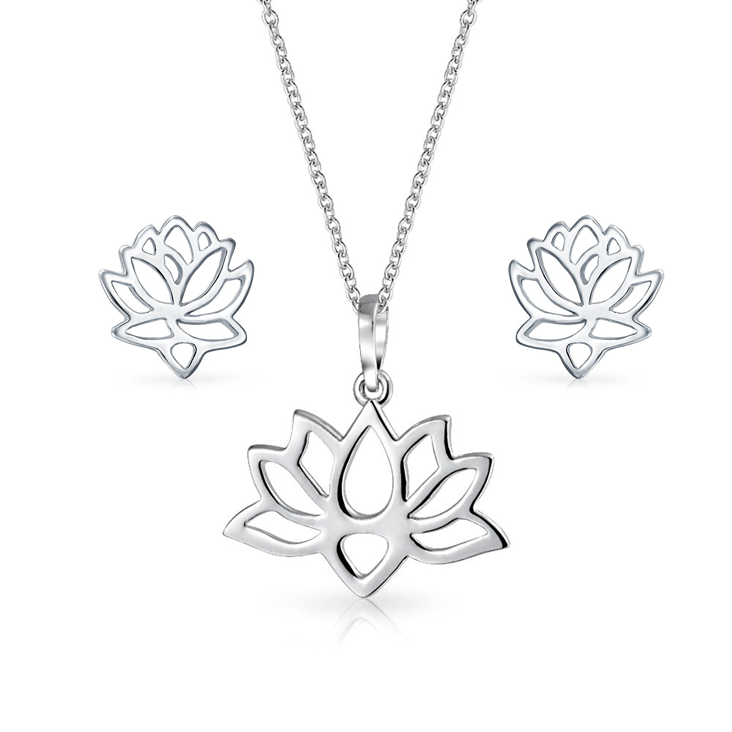 Open Lily Flower Zen Lotus Pendant Necklace & Stud Earrings Jewelry Set .925 Sterling Silver