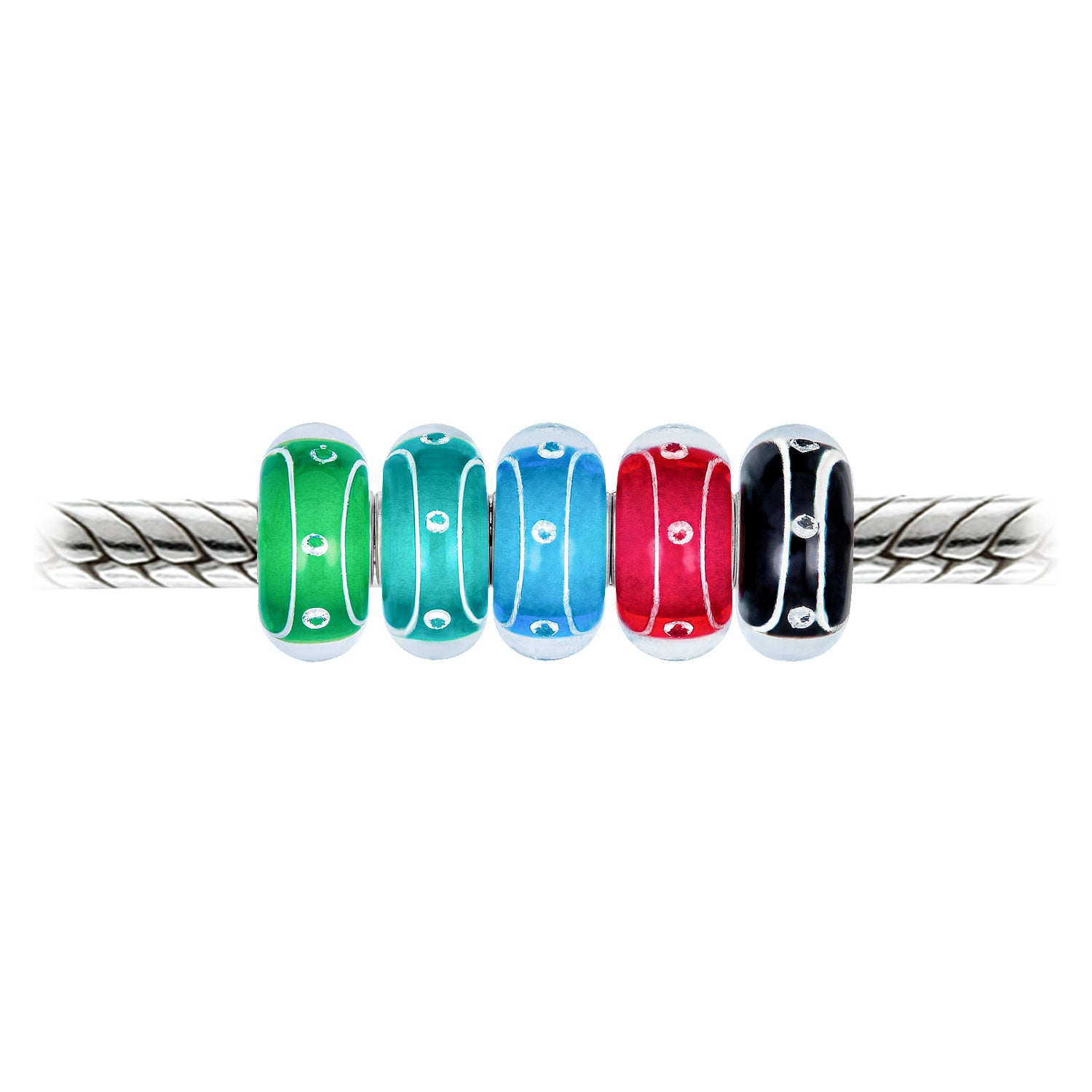Set of 5 Jewel Tone Stripe Dots Swirl Bubble Murano Glass Charm Bead Set for Bracelet