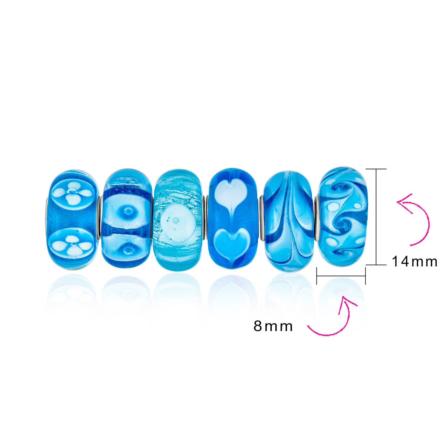 Mixed Set Blue Aqua White Floral Murano Glass Flower Charm Bead Sterling Silver Core For Bracelet