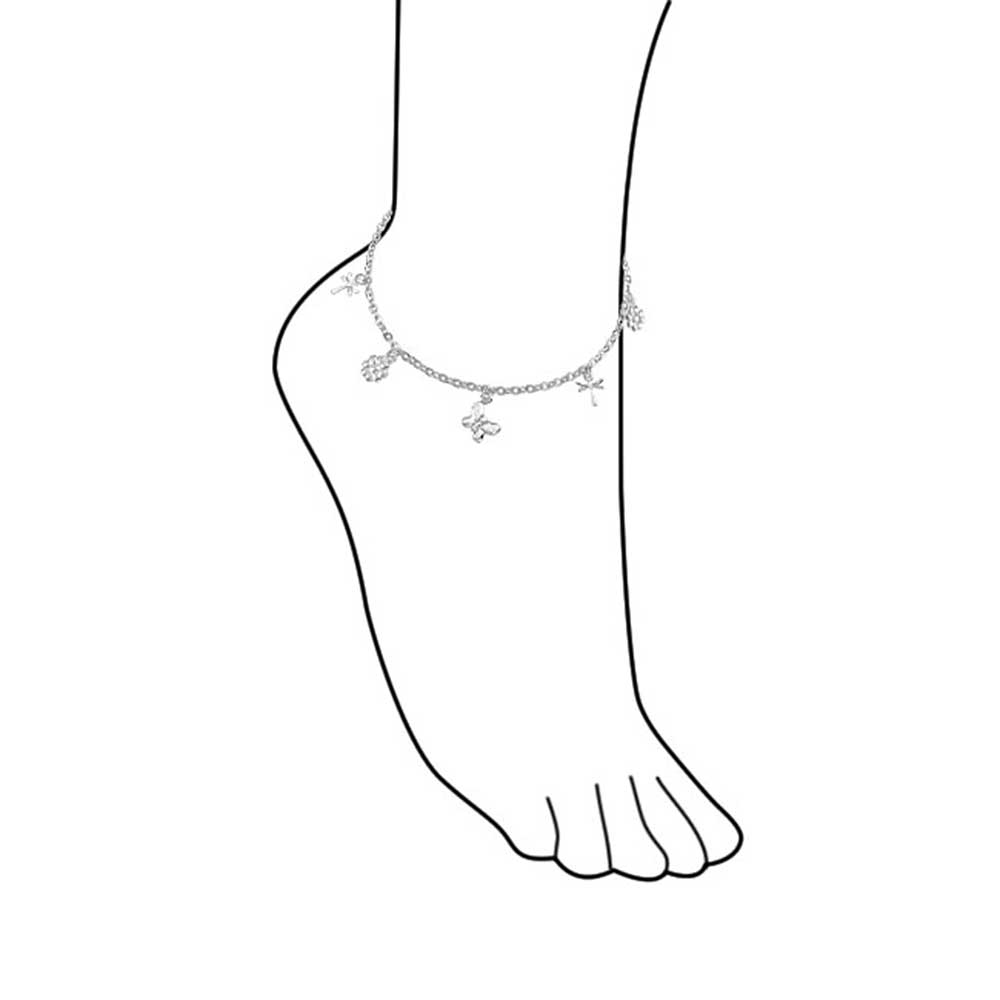 Multi Charm Garden Flowers, Butterfly Anklet Ankle Bracelet .925 Sterling Silver Adjustable