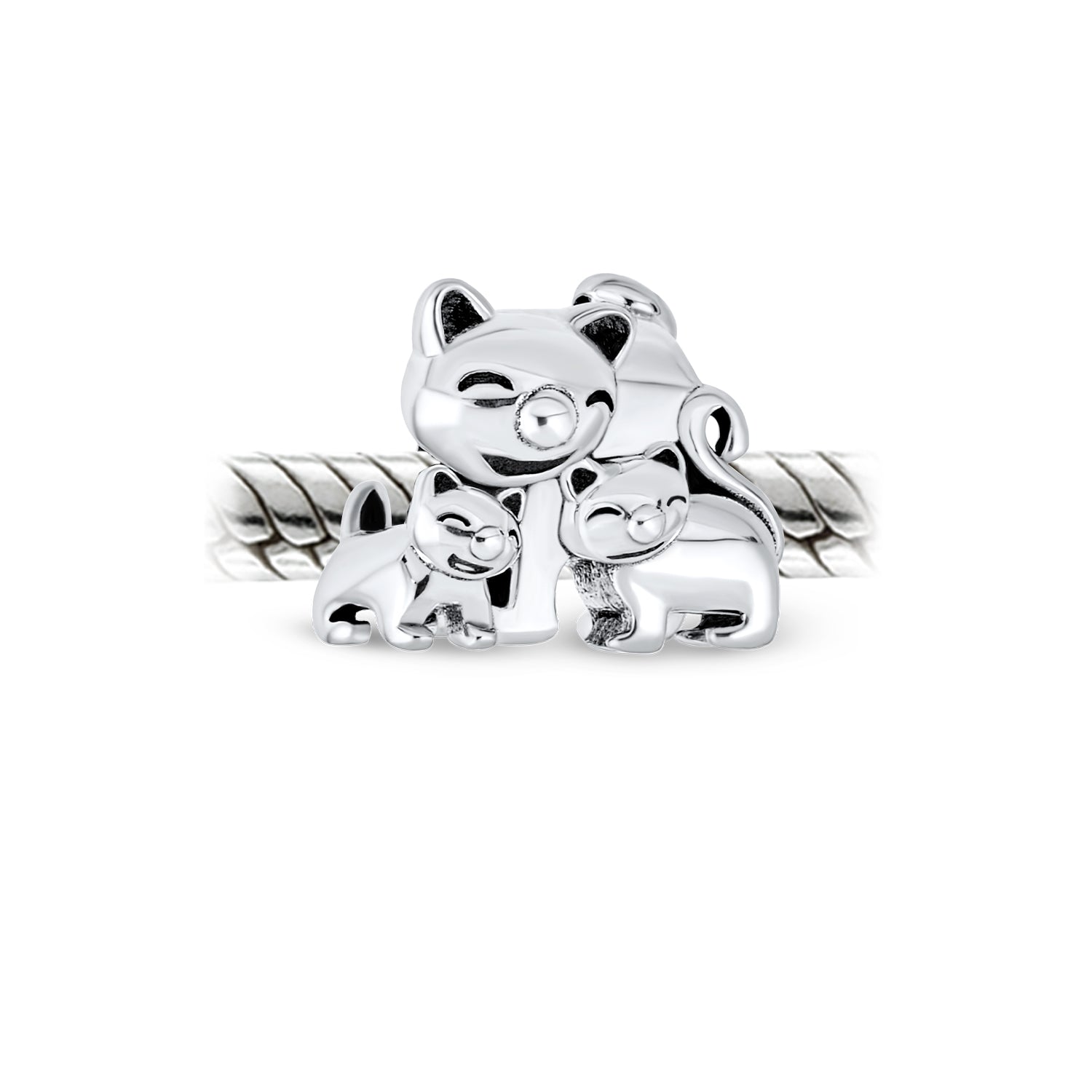 Sterling Silver Cat Kittens Family Pet Lover 3 Three Cat I Love My Cat Charm Bead for Bracelet (Set)