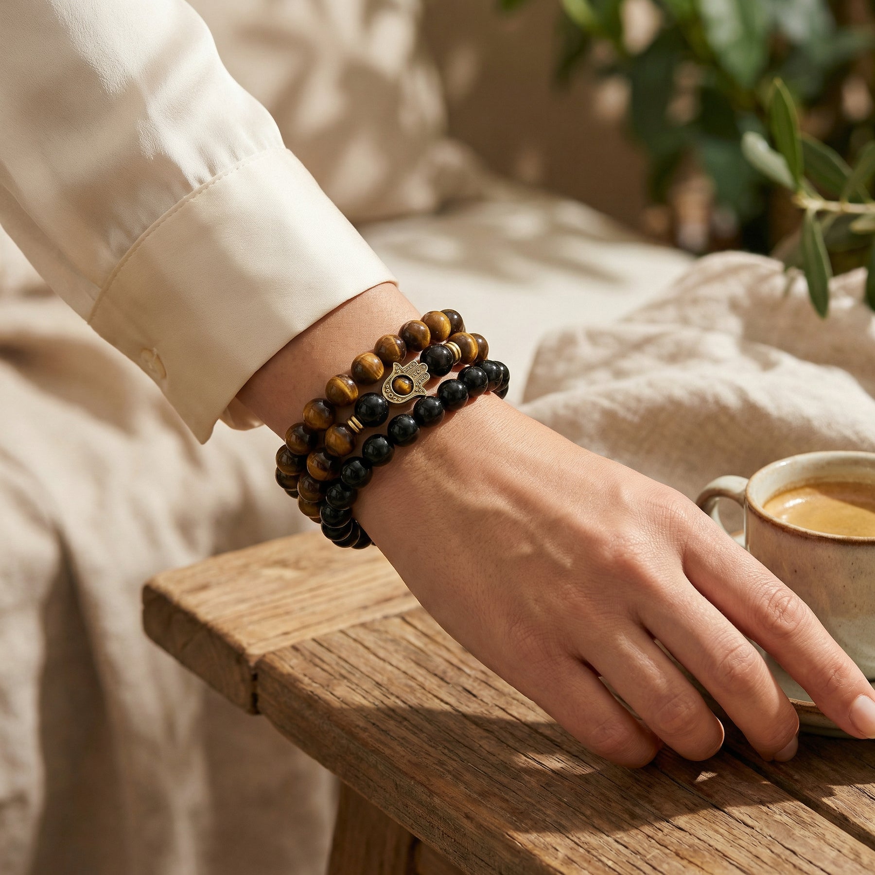 Brown Tiger Eye Black Onyx Hamsa Hand Gemstone Bead Stackable Stretch Bracelet Set of 3 Gold Plated