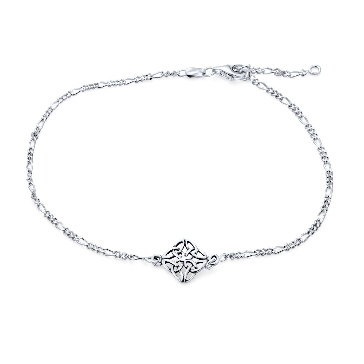 Celtic Love Knot Triquetra Anklet Charm Ankle Bracelet Figaro Chain .925 Sterling Silver Adjustable