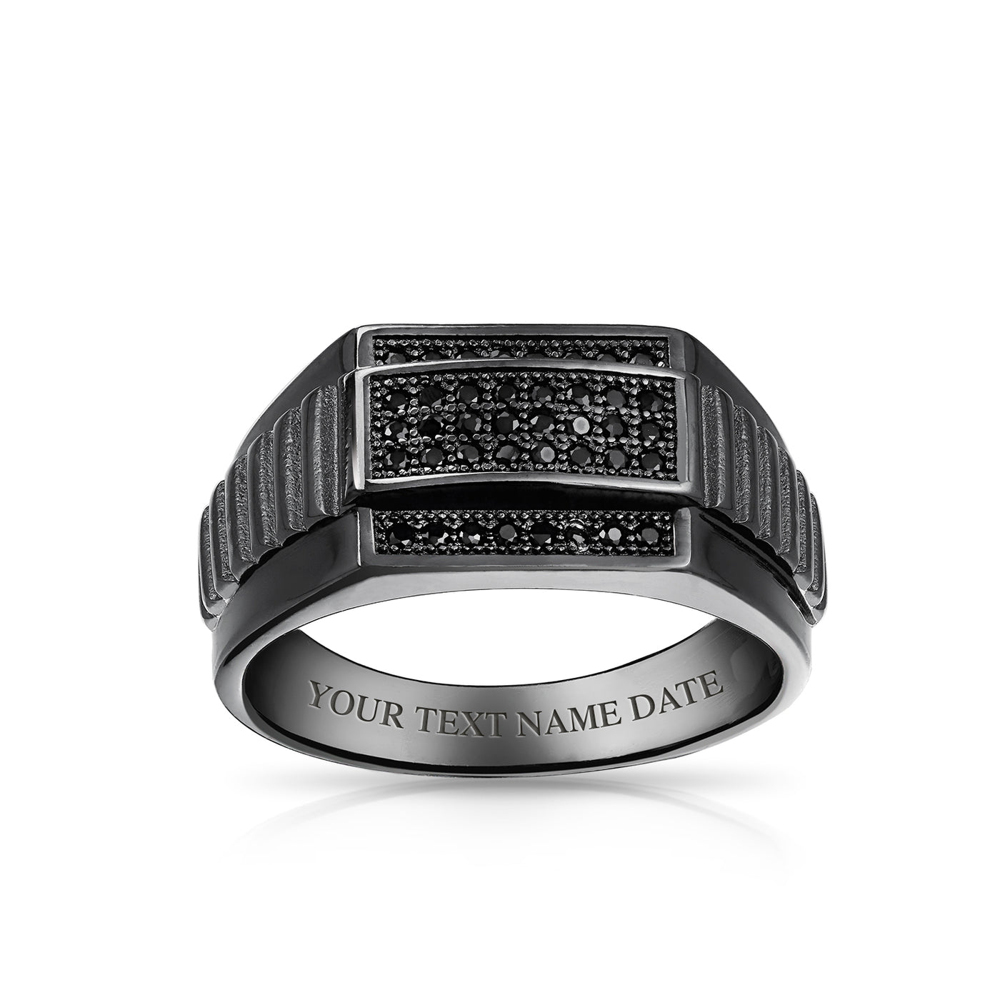 Mens Stainless Steel Geometric Black CZ Rectangle Ring .925 Sterling Silver Signet