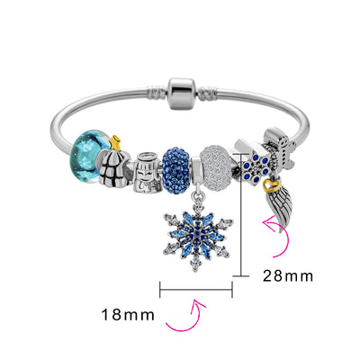 Elegant Blue Ice Snowflake Charm Bracelet with Crystal Beads and Silver Clasp