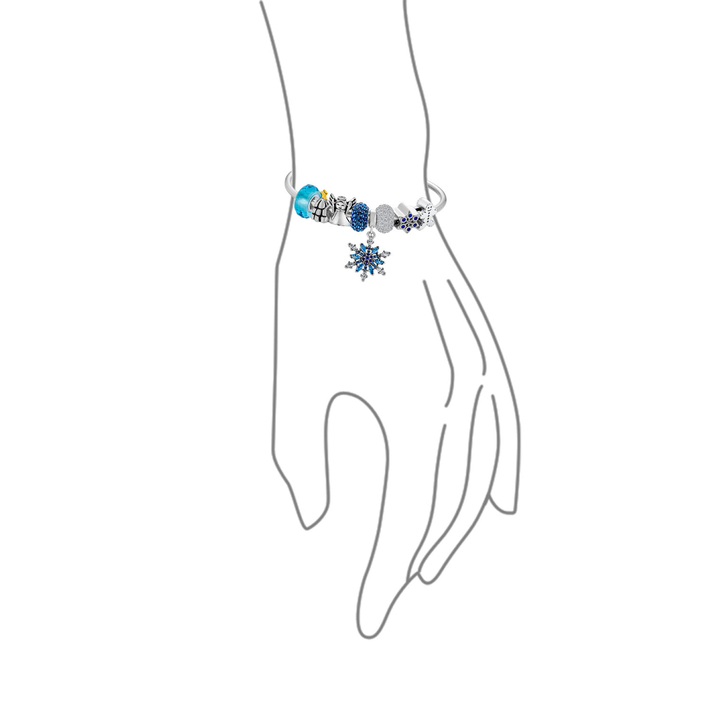 Elegant Blue Ice Snowflake Charm Bracelet with Crystal Beads and Silver Clasp