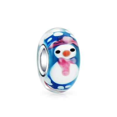 Set of 2 Christmas Charm Bead Snowman Murano Glass Silver for European Bracelet