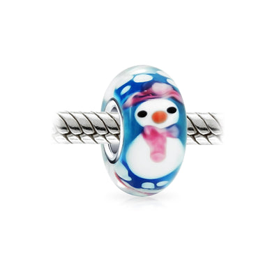 Set of 2 Christmas Charm Bead Snowman Murano Glass Silver for European Bracelet