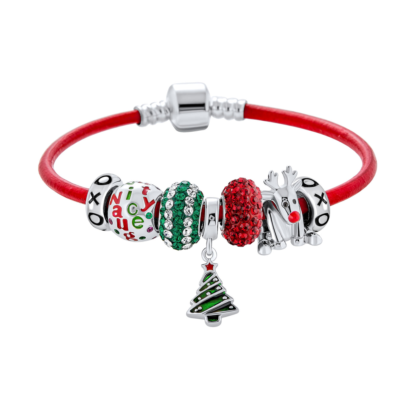 Christmas Tree Charm Bracelet with Rudolf Reindeer & Red Leather Sterling Silver Clasp