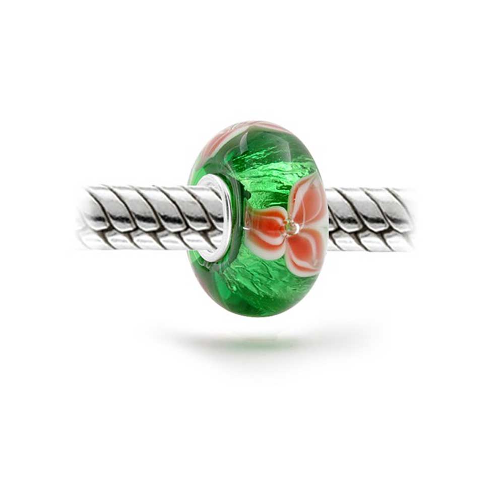 Sterling Silver Red Green Colorful Glass Christmas Flower Poinsettia Bead Charm for Bracelet (Set)