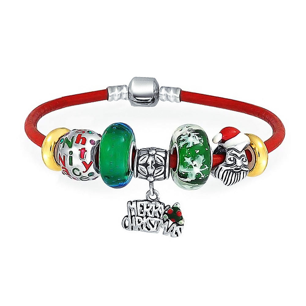 Merry Santa Clause Naughty Nice Charm Bracelet Leather Sterling Silver