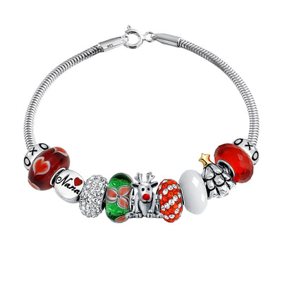 Christmas Rudolph Reindeer Nana Charm Bracelet with European Beads Sterling Silver