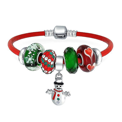 Christmas Snowman Charm Bracelet Red Leather with Sterling Silver Clasp