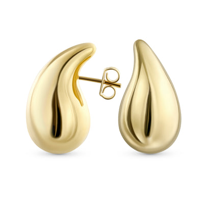 Chunky Yellow Gold Hoop Huggie Earrings Lightweight Teardrop Studs