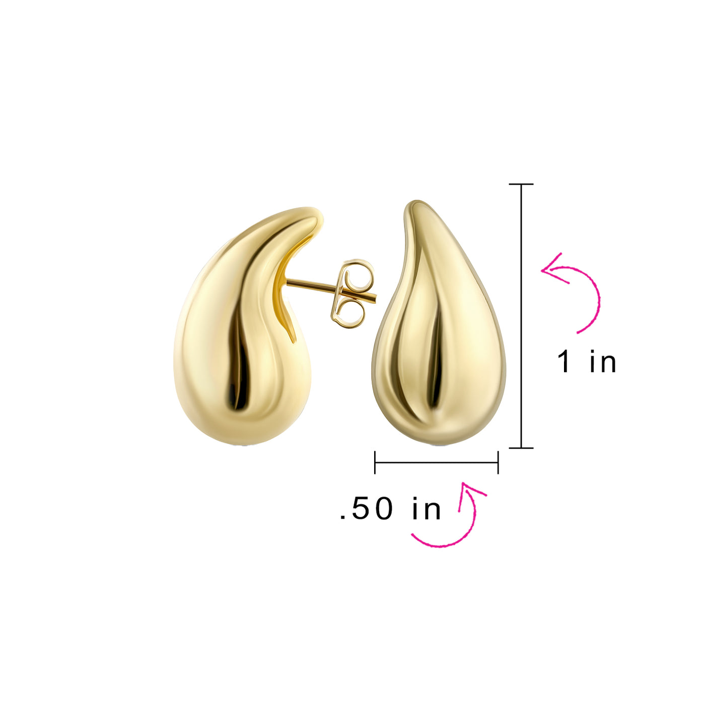 Chunky Yellow Gold Hoop Huggie Earrings Lightweight Teardrop Studs