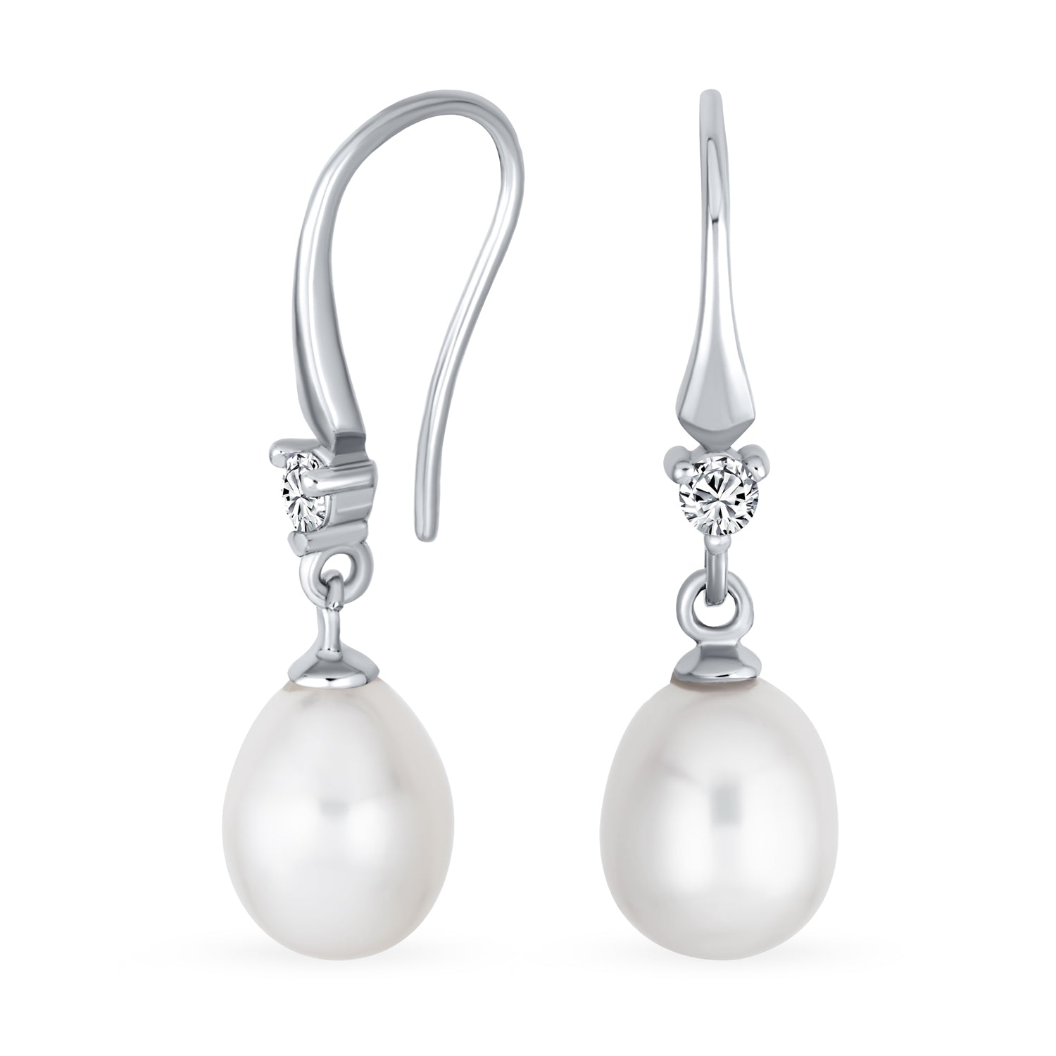 Sterling Silver Freshwater Cultured White Pearl Teardrop Dangle Earrings Fish Hook CZ Accent